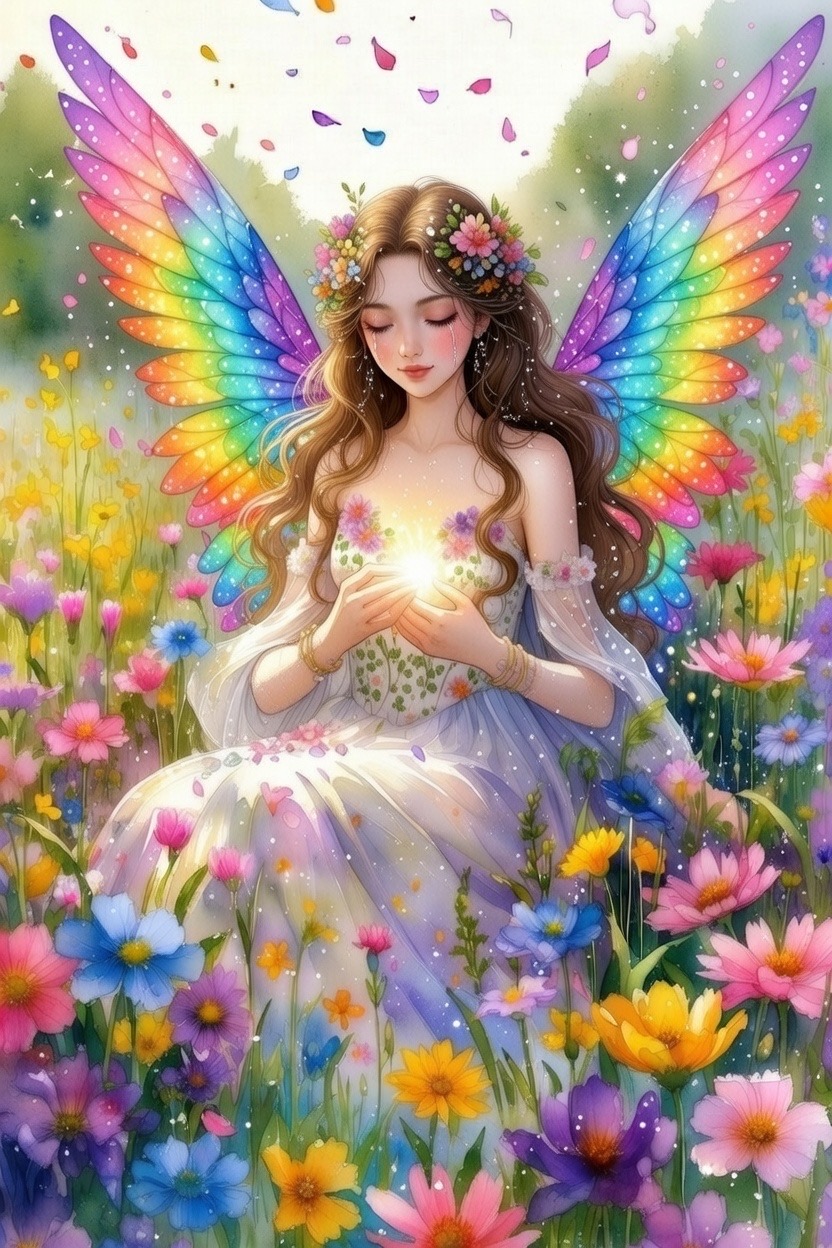 女性が虹色の翼をもっている絵